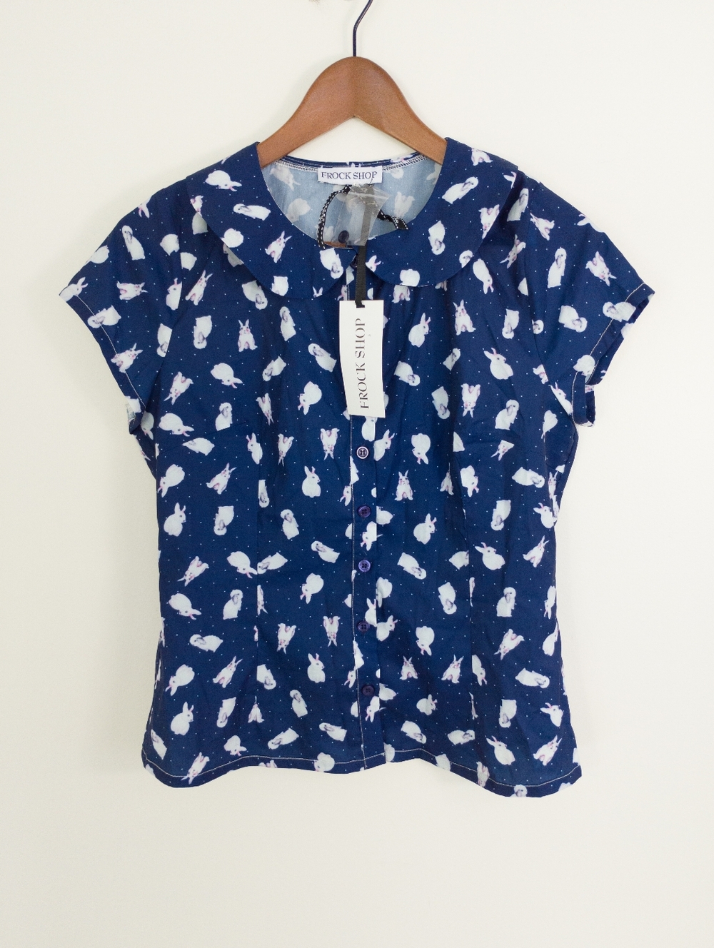 Frock Shop Bunny Rabbit Print Blouse Peter Pan Collar Navy Blue M New